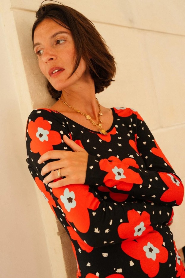 Robe Tube Fleurs d'Atlas Rouge - moulante - imprimé fleuri rouge sur fond noir - coton biologique