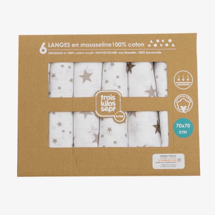 Pack de 6 Langes bébé Coton 70 x 70 cm