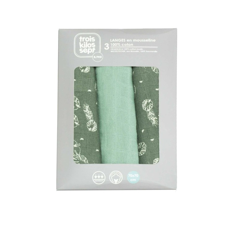 Lot de 3 langes bébé  motif feuilles Gaze de coton
