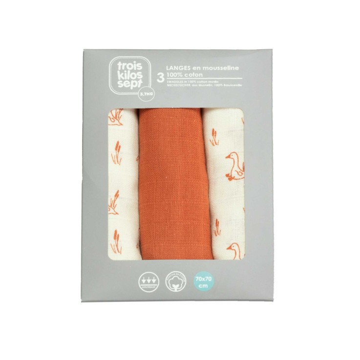 Lot de 3 langes 70x70 Gaze de coton