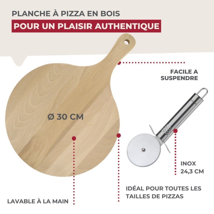 4 planches à pizza 30 cm en bois et roulette Fackelmann Boissellerie