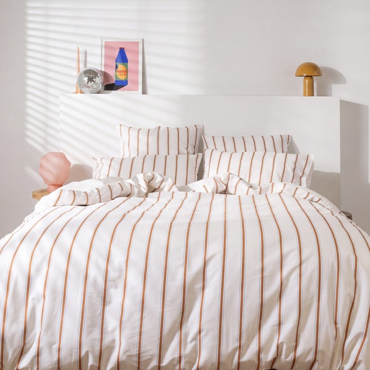 Parure de lit imprimée en percale de coton bio, taies carrées, LA RAYURE BICOLORE