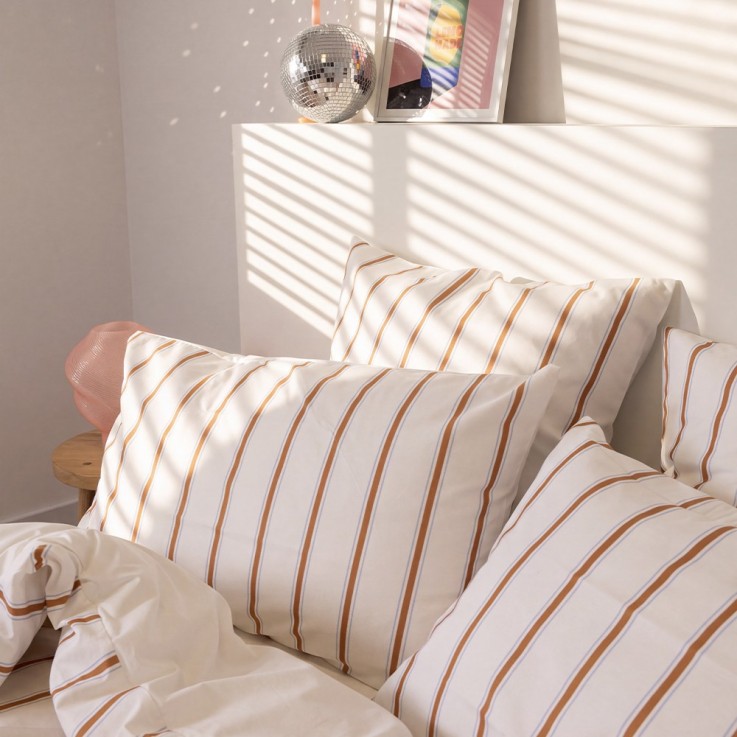 Parure de lit imprimée en percale de coton bio, taies carrées, LA RAYURE BICOLORE