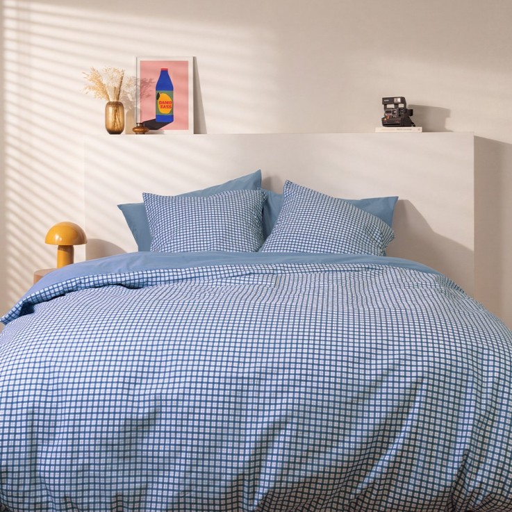 Parure de lit imprimée en percale de coton bio, taies rectangles, LE VICHY TARTAN