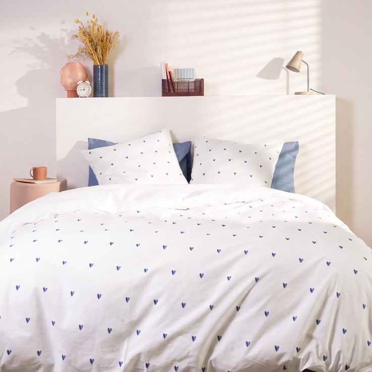 Parure de lit imprimée en percale de coton bio, taies rectangles, LE COEUR BICOLORE