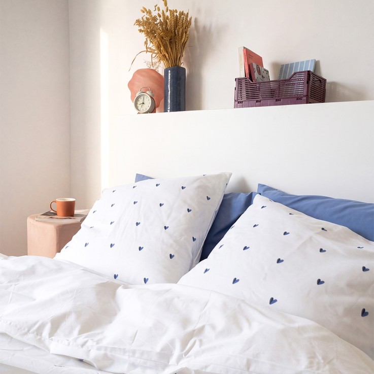 Parure de lit imprimée en percale de coton bio, taies rectangles, LE COEUR BICOLORE