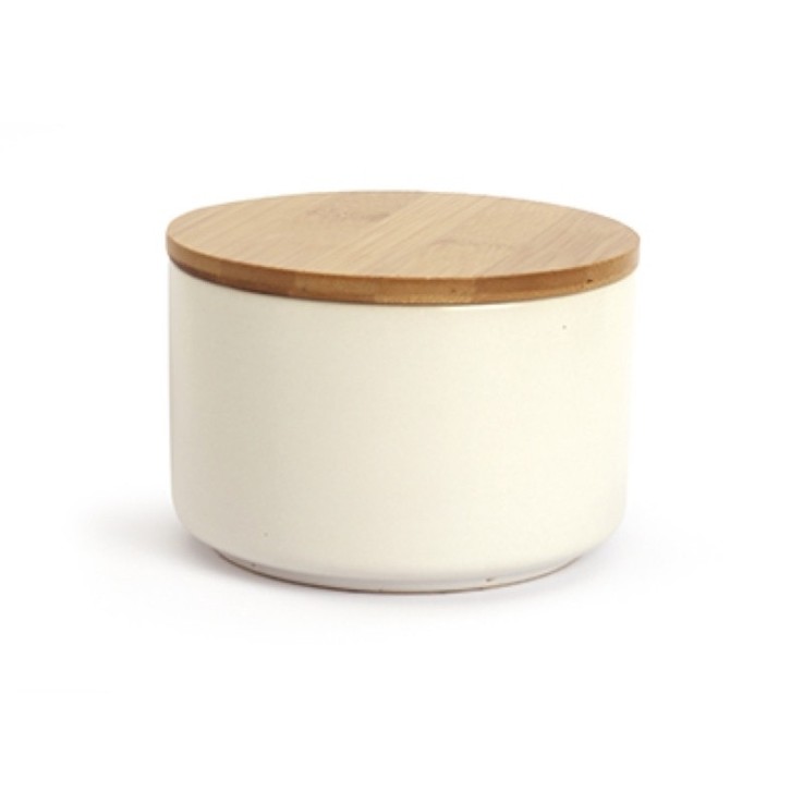 Pot à Bougie Céramique Blanc avec Couvercle Bambou