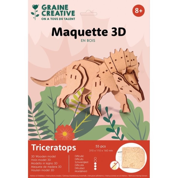 Maquette 3D en bois Tricératops - 31 x 11 x 16 cm