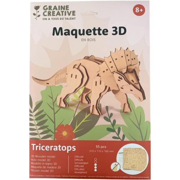 Maquette 3D en bois Tricératops - 31 x 11 x 16 cm