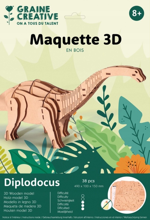 Maquette 3D en bois Diplodocus - 49 x 10 x 15 cm