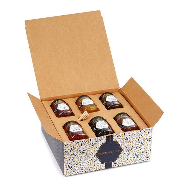 Coffret Cadeau 6 miels de France et cuillère à miel