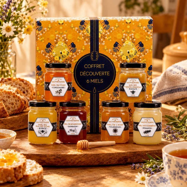 Coffret Cadeau 6 miels de France et cuillère à miel