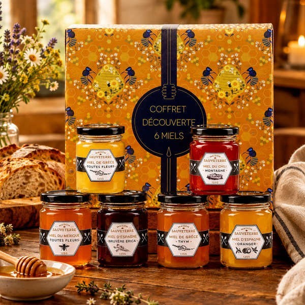 Assortiment de 6 miels du Monde et 1 cuillère à miel - Le coffret cadeau
