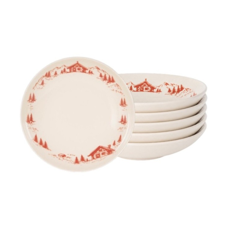 Assiette creuse Alpages rouge 22 cm (lot de 6) en grès - Vaisselle de Noël