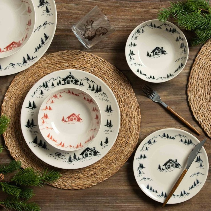 Assiette creuse Alpages rouge 22 cm (lot de 6) en grès - Vaisselle de Noël