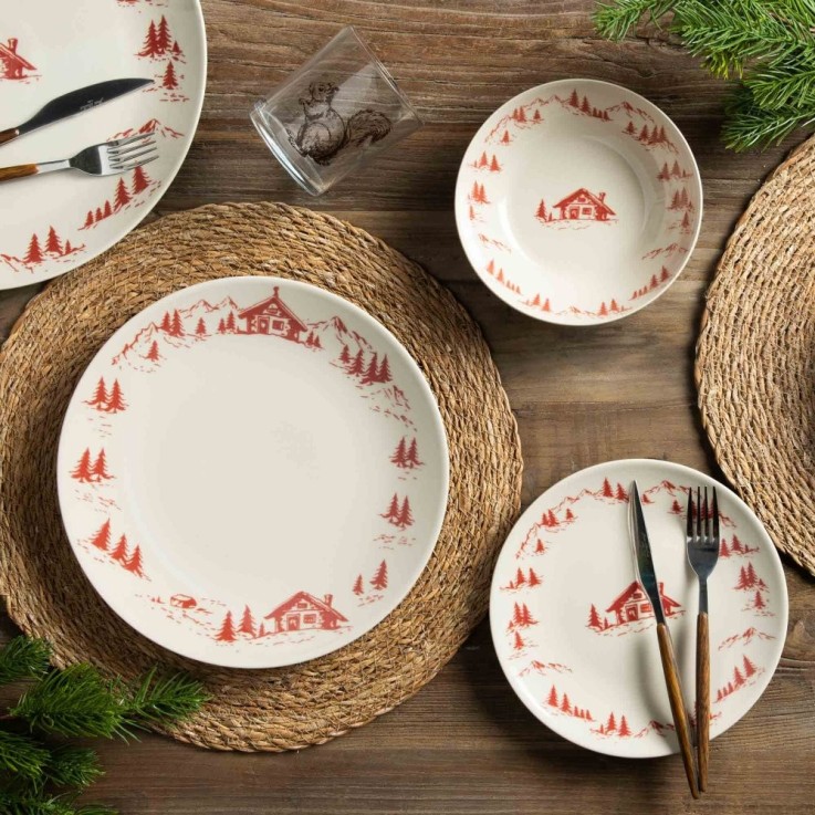 Assiette creuse Alpages rouge 22 cm (lot de 6) en grès - Vaisselle de Noël