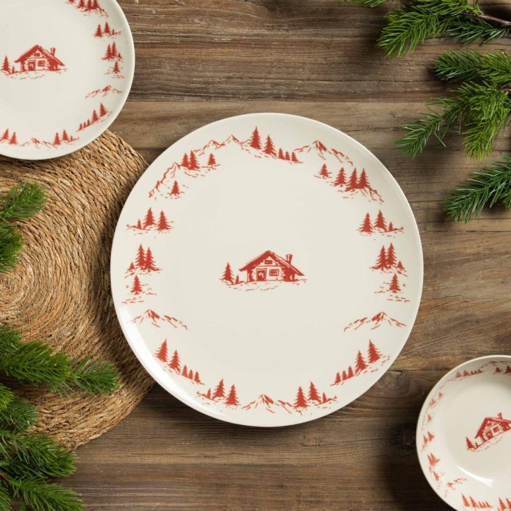 Assiette dessert Alpages rouge 21 cm (lot de 6) en grès - Vaisselle de Noël