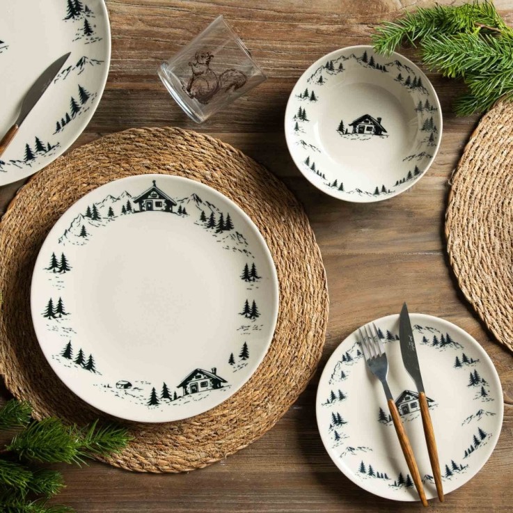 Assiette plate Alpages noir 27cm (lot de 6) en grès - Vaisselle de Noël