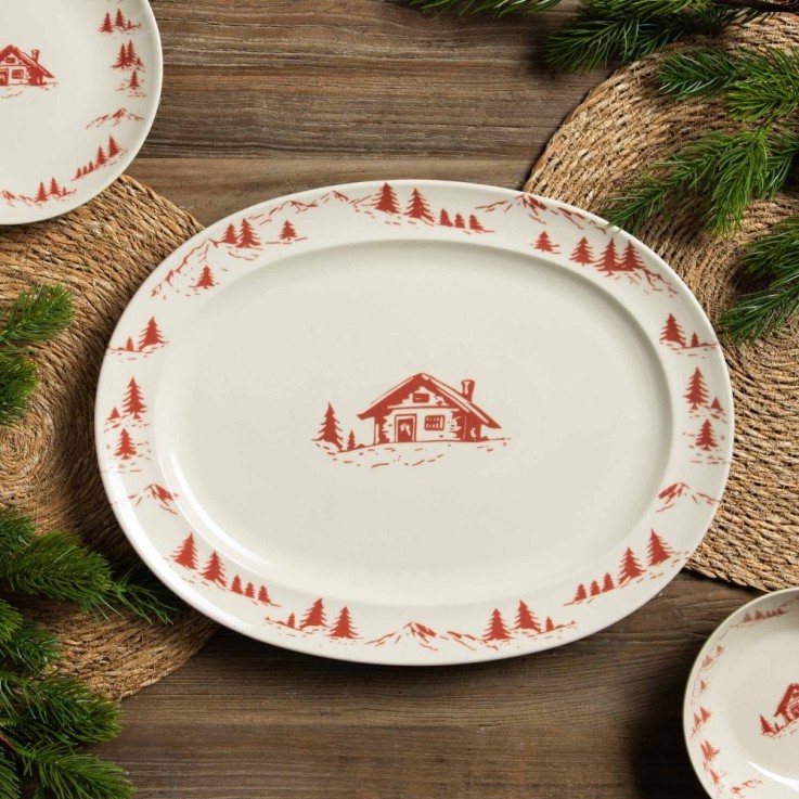 Plat ovale Alpages rouge 42x30 cm en grès - Vaisselle de Noël