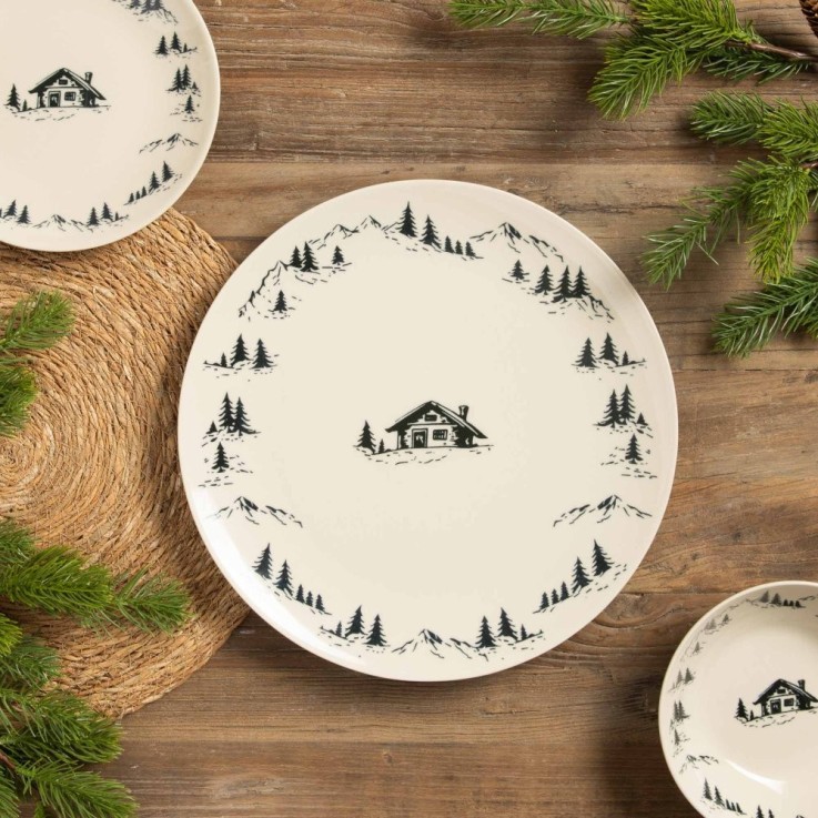 Plat rond Alpages noir 32 cm en grès - Vaisselle de Noël