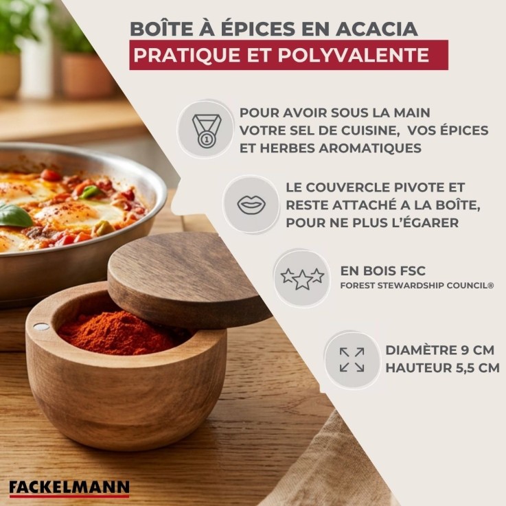Boîte à épices en bois d'acacia certifié FSC - 9 x 5,5 cm