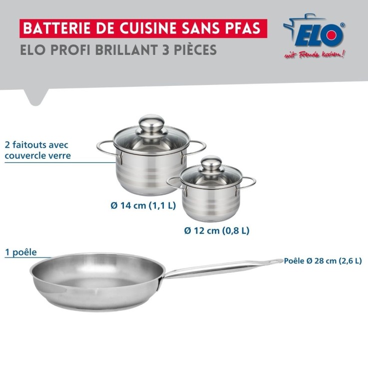 Batterie de cuisine Profi Brillant en inox - 12, 14 et 28 cm