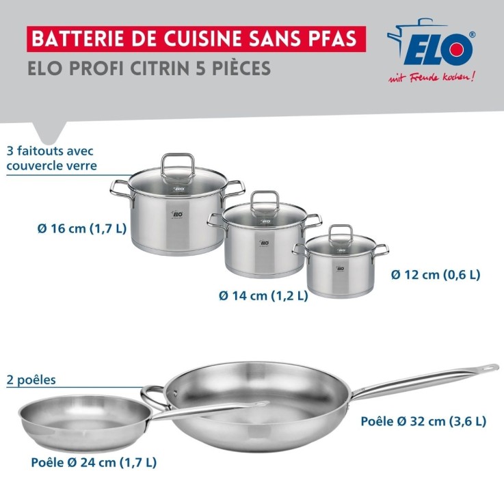 Batterie de cuisine Profi Citrin en inox - 2 poêles et 3 faitouts