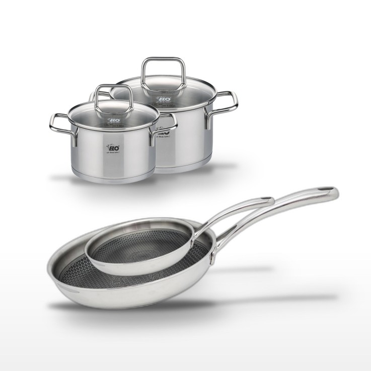 Batterie de cuisine Relief Evolution en inox - 2 poêles 24/28 cm - 2 faitouts 12/14 cm