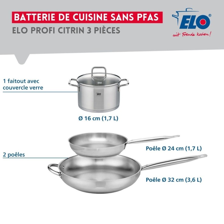 Batterie de cuisine Profi Citrin en inox - 24, 32 et 16 cm