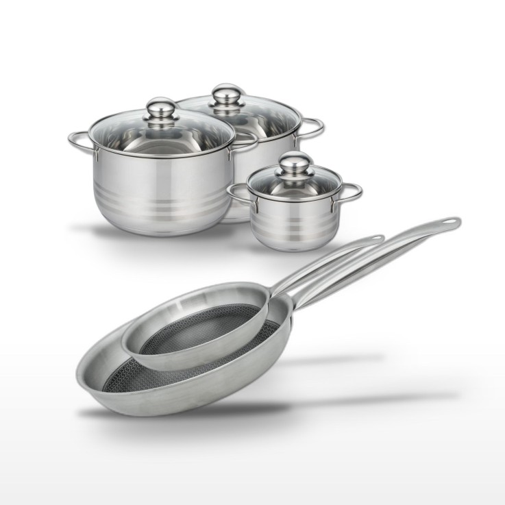 Batterie de cuisine Relief Solution en inox - 2 poêles et 3 faitouts