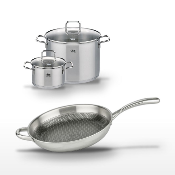Batterie de cuisine Relief Evolution en inox - poêle 32 cm et faitouts 20 et 26 cm