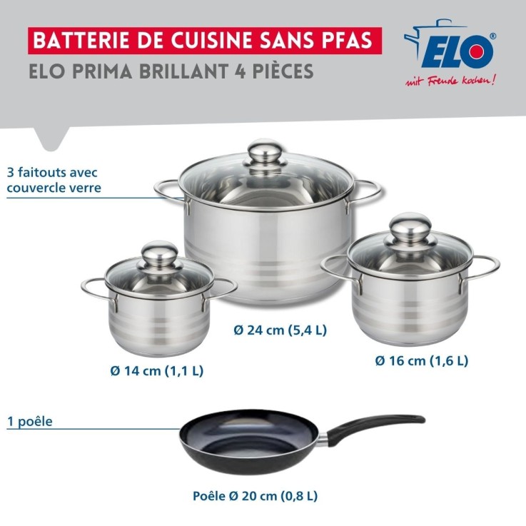 Batterie de cuisine Prima Brillant en aluminium et inox - 14, 16, 20 et 24 cm
