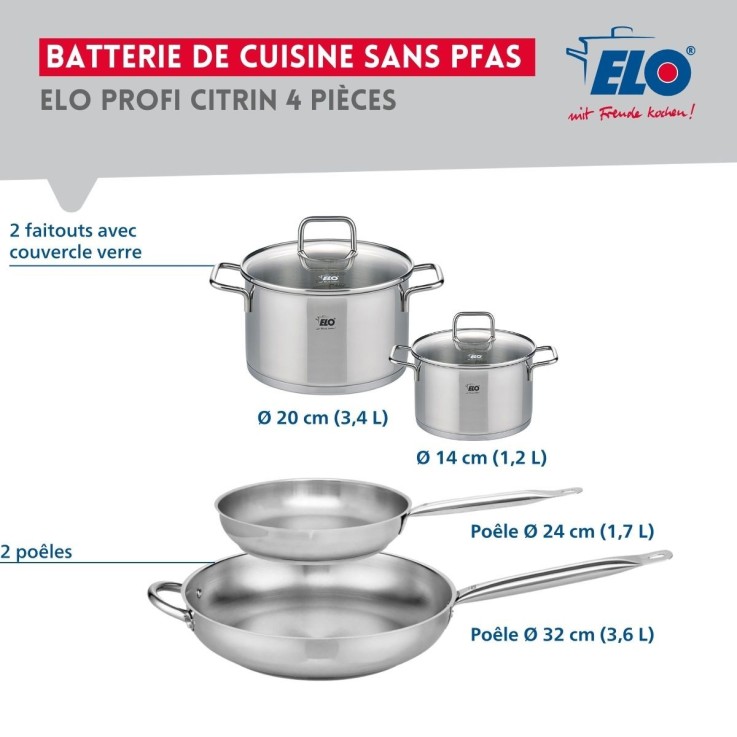 Batterie de cuisine Profi Citrin en inox - poêles 24 et 32 cm - faitouts 14 et 20 cm