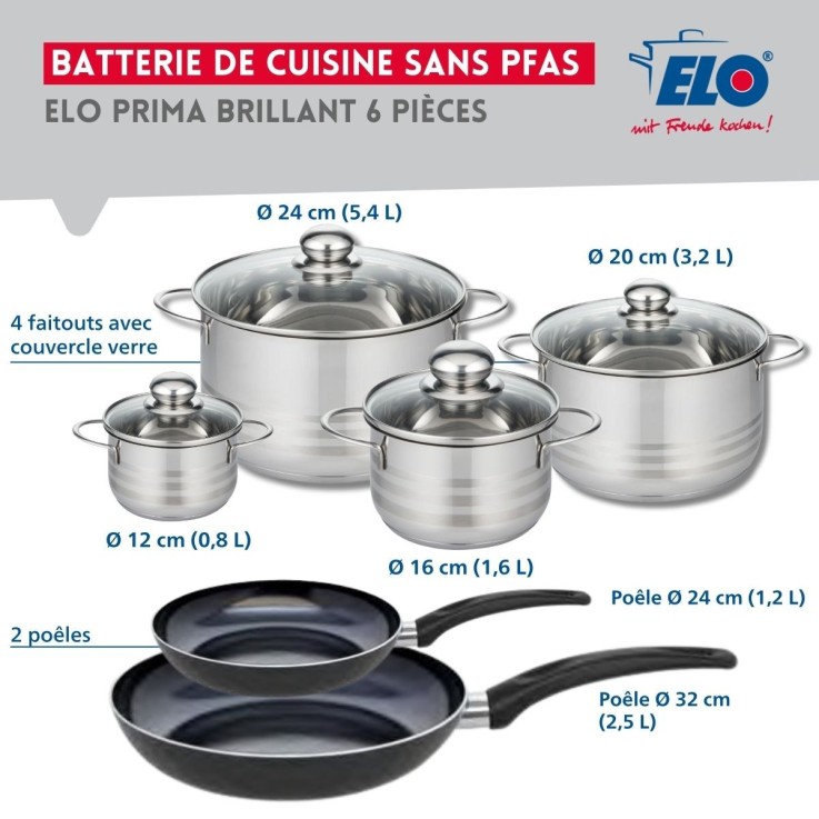 Batterie de cuisine Prima Brillant - 6 pièces - 2 poêles et 4 faitouts