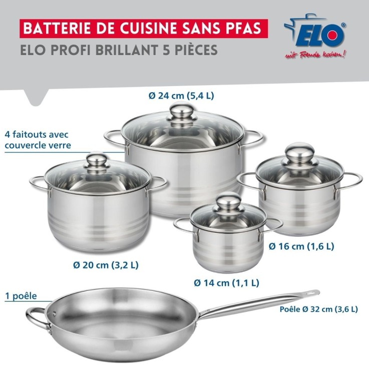 Batterie de cuisine Profi Brillant en inox - 5 pièces - poêle 32 cm