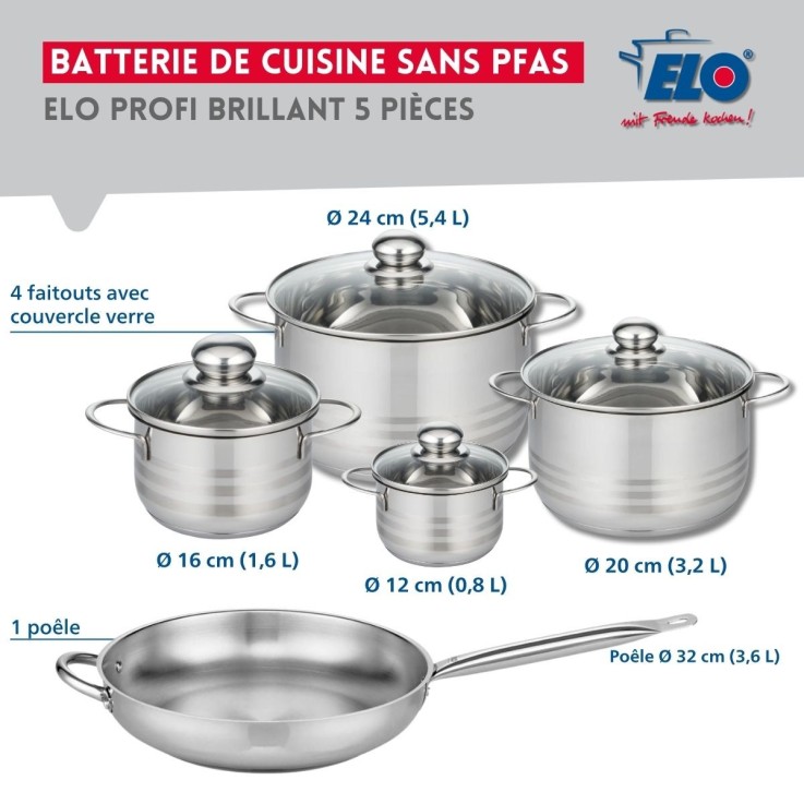 Batterie de cuisine Profi Brillant en inox - 32 cm, 12, 16, 20 et 24 cm