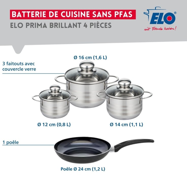Batterie de cuisine Prima Brillant en aluminium et inox - 12/14/16/24 cm - noire
