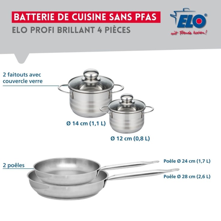 Batterie de cuisine Profi Brillant en inox - 4 pièces - 12/14/24/28 cm