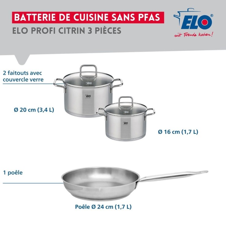 Batterie de cuisine Profi Citrin en inox - 24, 16 et 20 cm