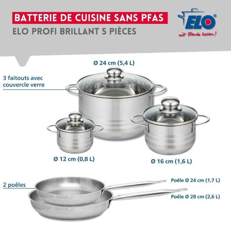 Batterie de cuisine Profi Brillant en inox - 2 poêles et 3 faitouts