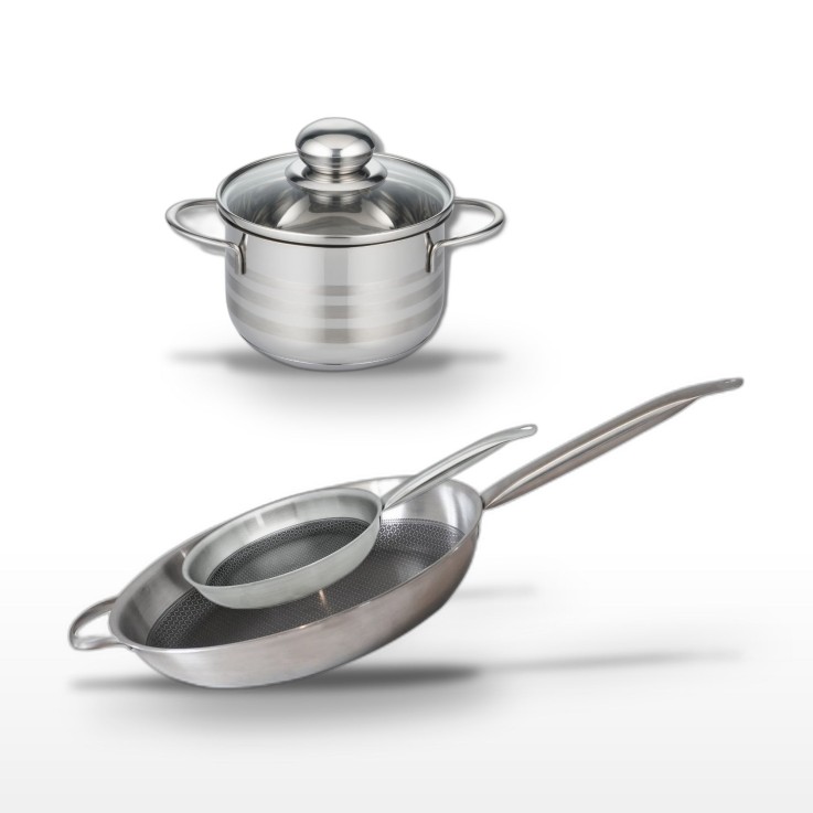 Batterie de cuisine Relief Solution en inox - poêles 24/32 cm, faitout 14 cm - noire