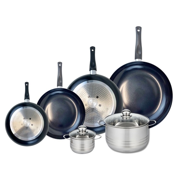 Batterie de cuisine Prima Brillant en aluminium et inox - 4 poêles, 2 faitouts