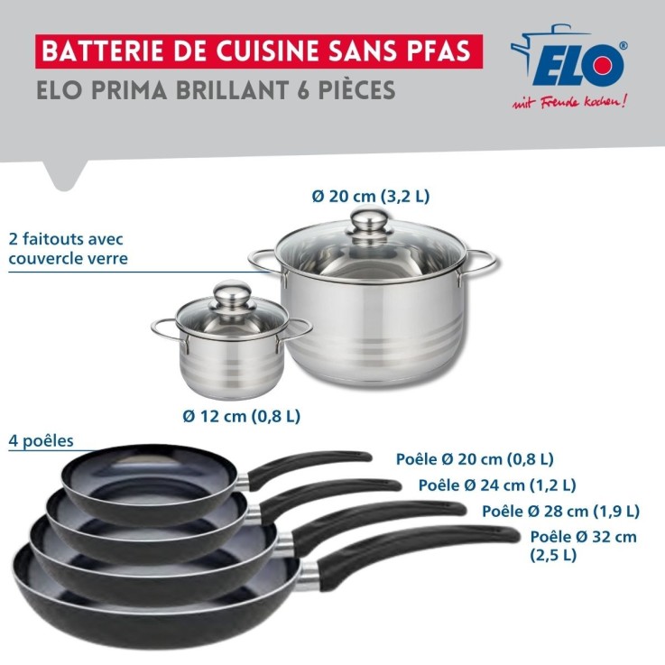 Batterie de cuisine Prima Brillant en aluminium et inox - 4 poêles, 2 faitouts