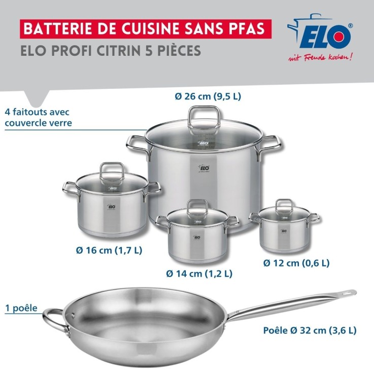 Batterie de cuisine en inox - lot de 5 - 12 à 32 cm