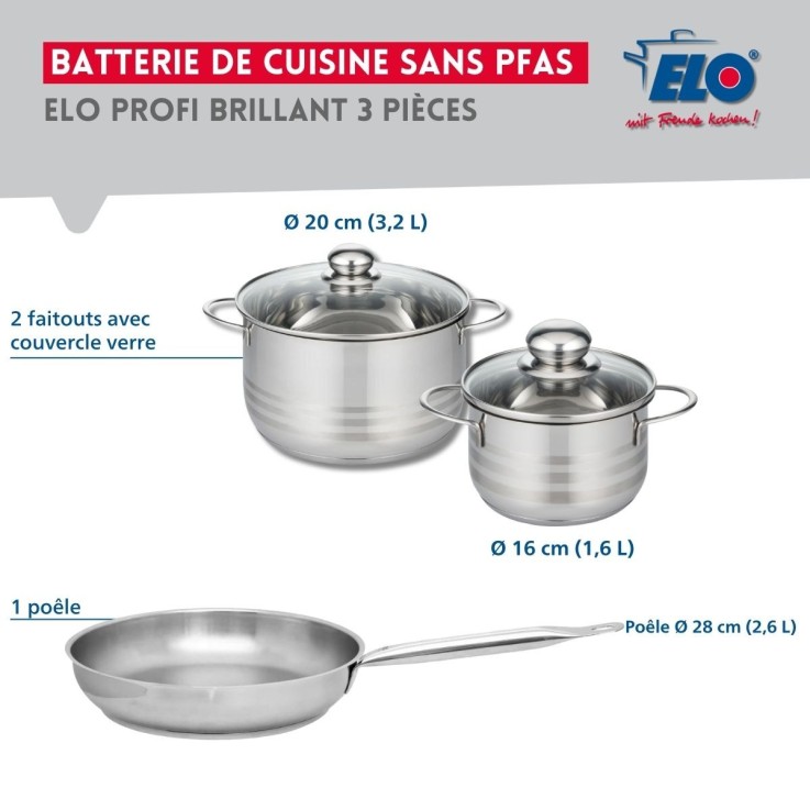 Batterie de cuisine Profi Brillant en inox - 16, 20 et 28 cm
