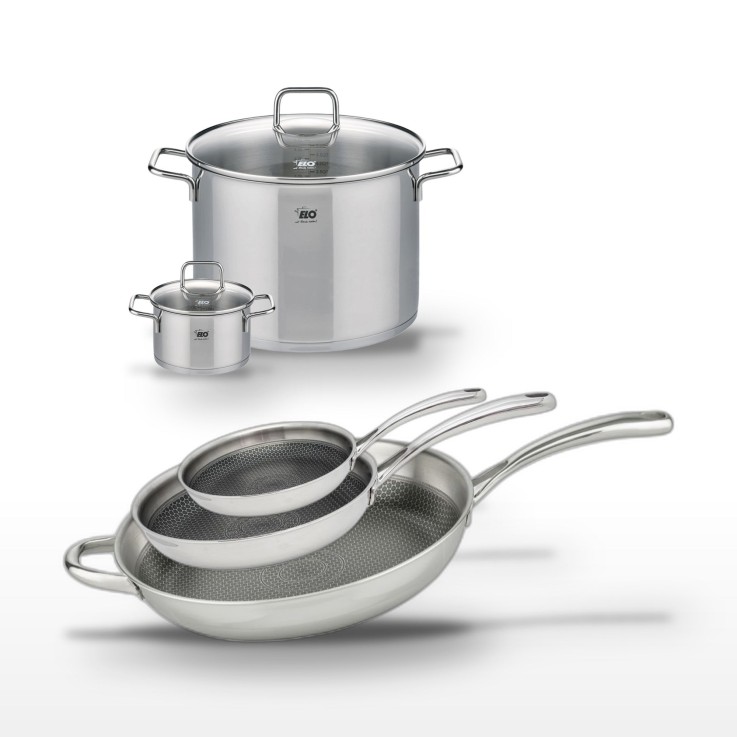 Batterie de cuisine Relief Evolution en inox - 3 poêles et 2 faitouts