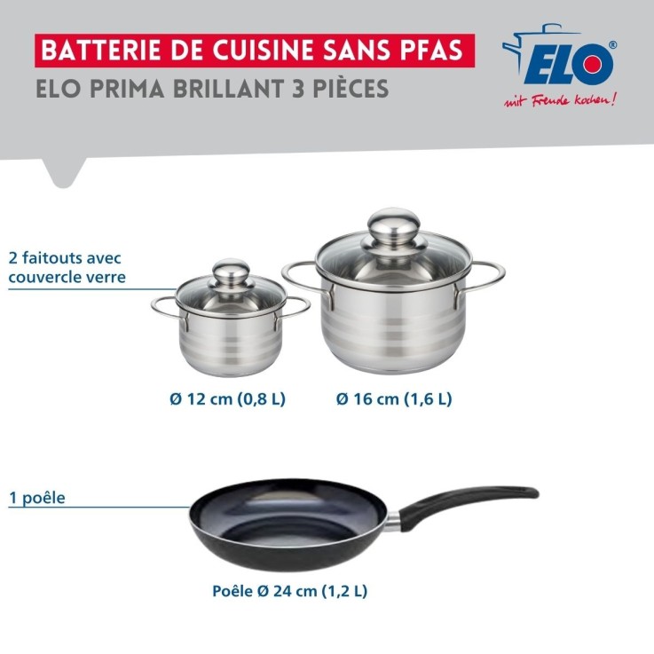 Batterie de cuisine Prima Brillant en aluminium et inox - 12, 16 et 24 cm