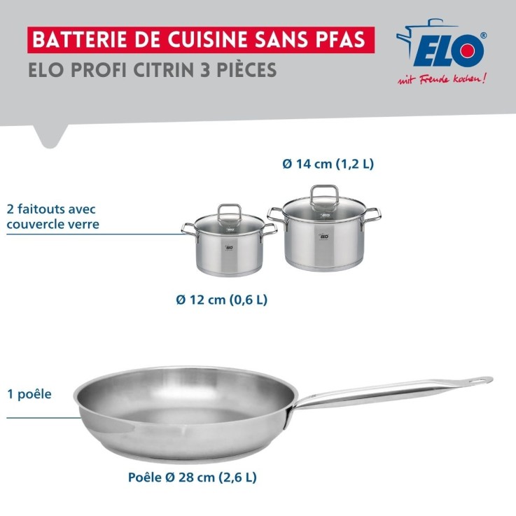 Batterie de cuisine Profi Citrin en inox - 28, 12 et 14 cm