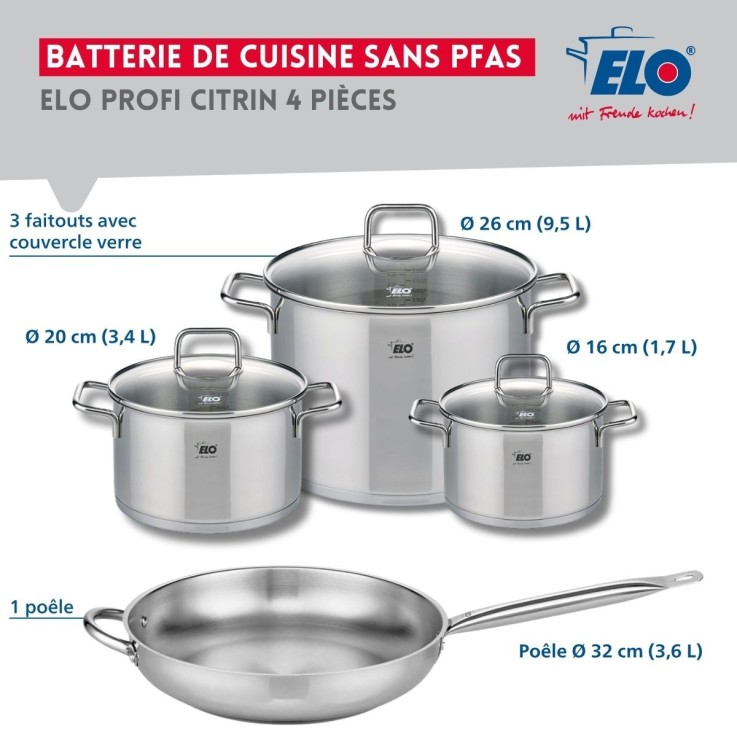 Batterie de cuisine en inox - 16, 20, 26 et 32 cm