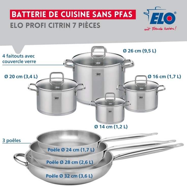 Batterie de cuisine Profi Citrin en inox - 3 poêles et 4 faitouts